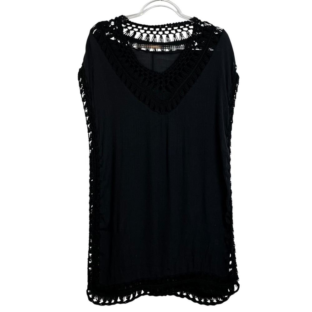 Womens Black Crochet‎ Boho Trim Tunic Cover Up Dress Beach Vacation Sz M L XL